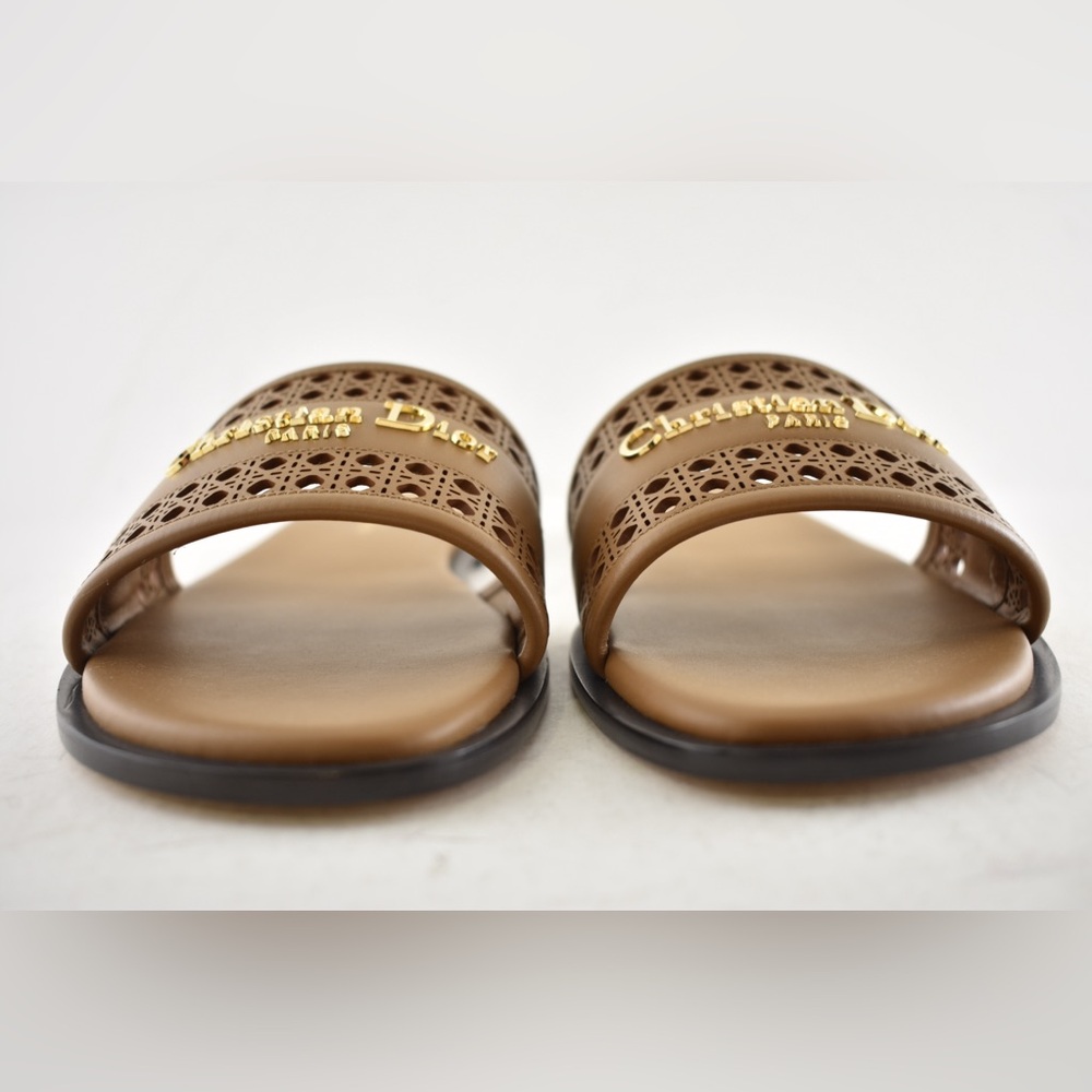 Dior D-Lane Dway Micro Cannage Chestnut Brown Leather Logo Slide Flat Sandal 39 - Picture 10 of 16